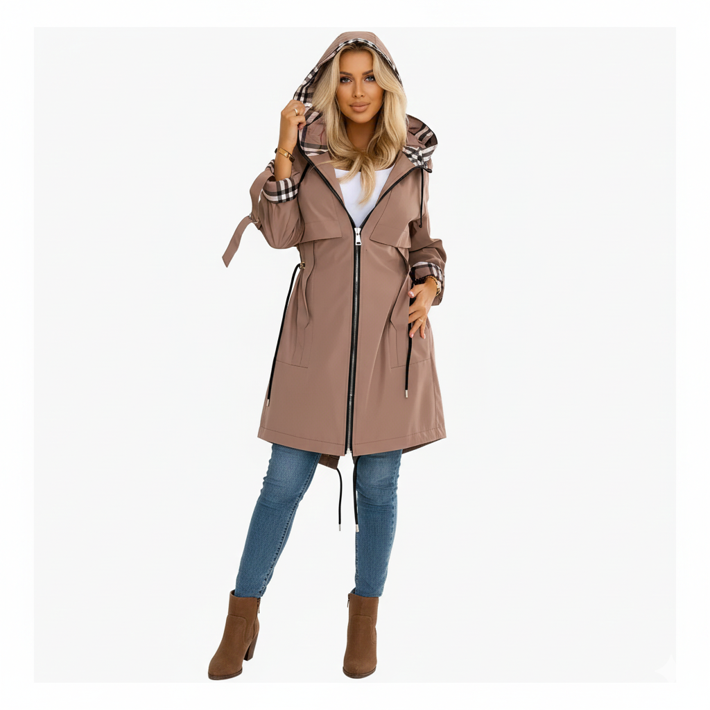 Maeve – Hooded Trench Coat with Check Detail