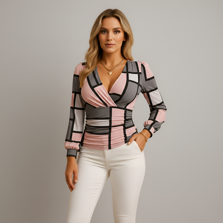 Elegant Ruched V-Neck Long Sleeve Blouse for Women