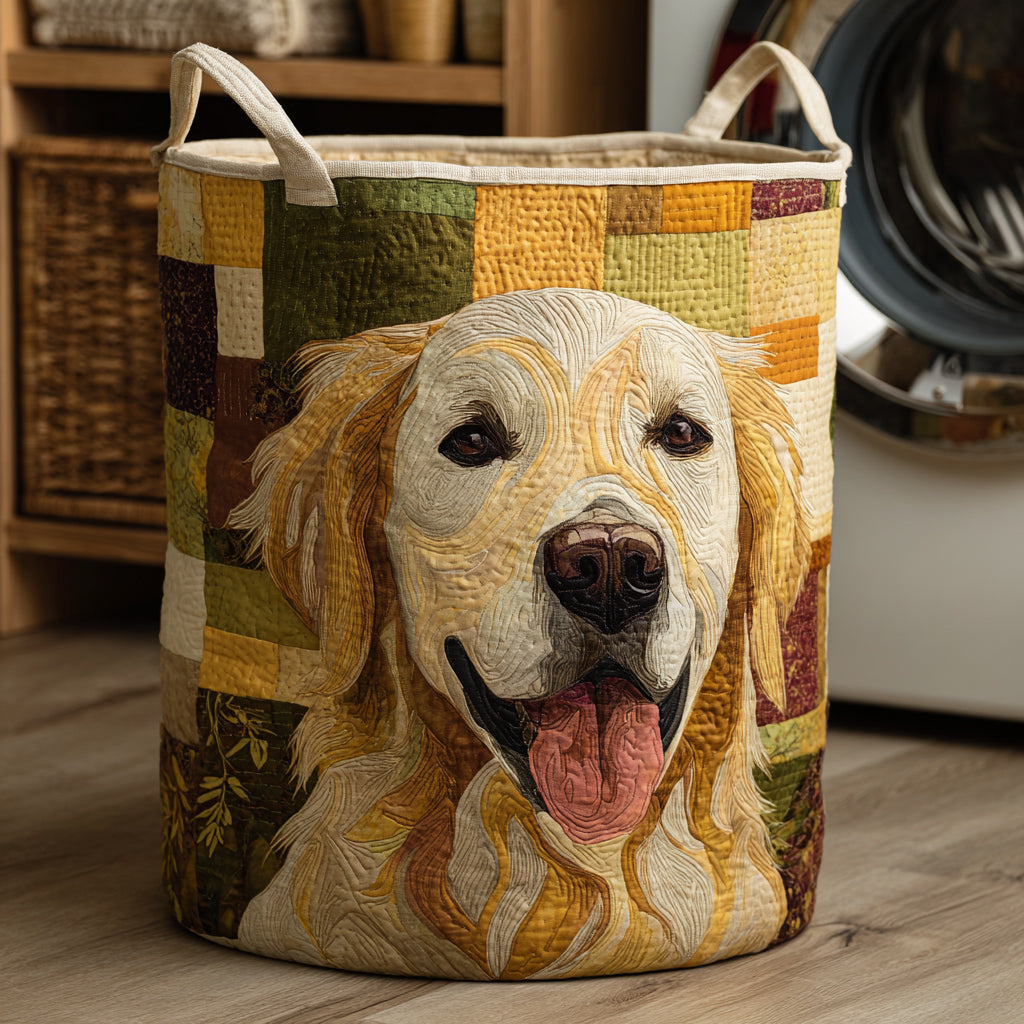 Golden Patchwork Pup Laundry Basket