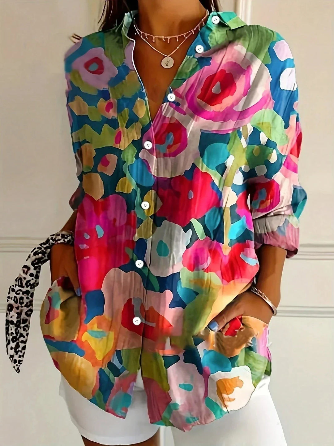 Women's Colorful Artistic Print Button-Up Blouse