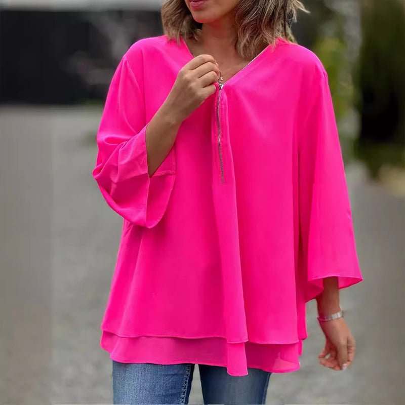Katie | Luxe Chiffon Zipper Top With V-Neck