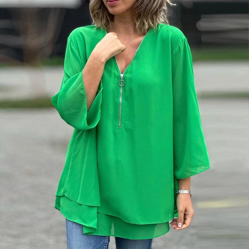 Katie | Luxe Chiffon Zipper Top With V-Neck