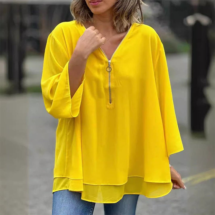 Katie | Luxe Chiffon Zipper Top With V-Neck