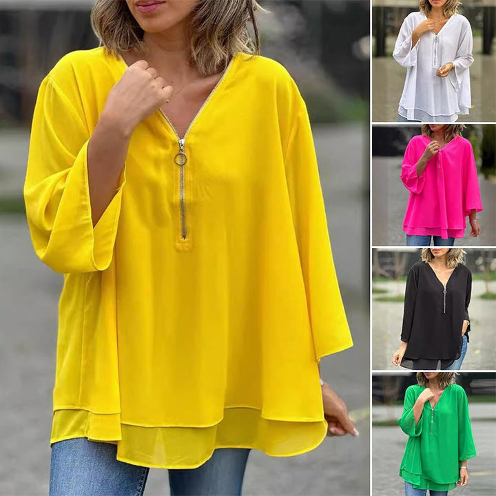 Katie | Luxe Chiffon Zipper Top With V-Neck