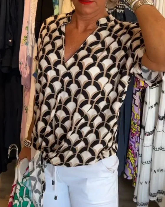 Rania | Geometric Print Tie-Front Blouse
