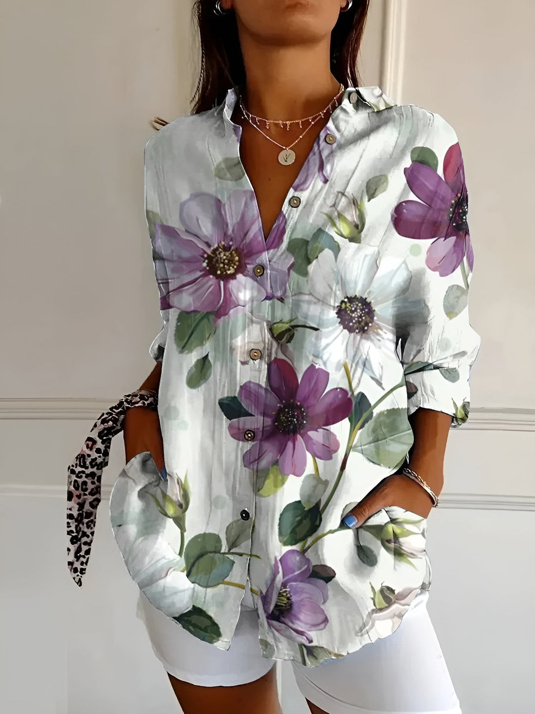 Maia | Cotton Blouse with Floral Wave Design