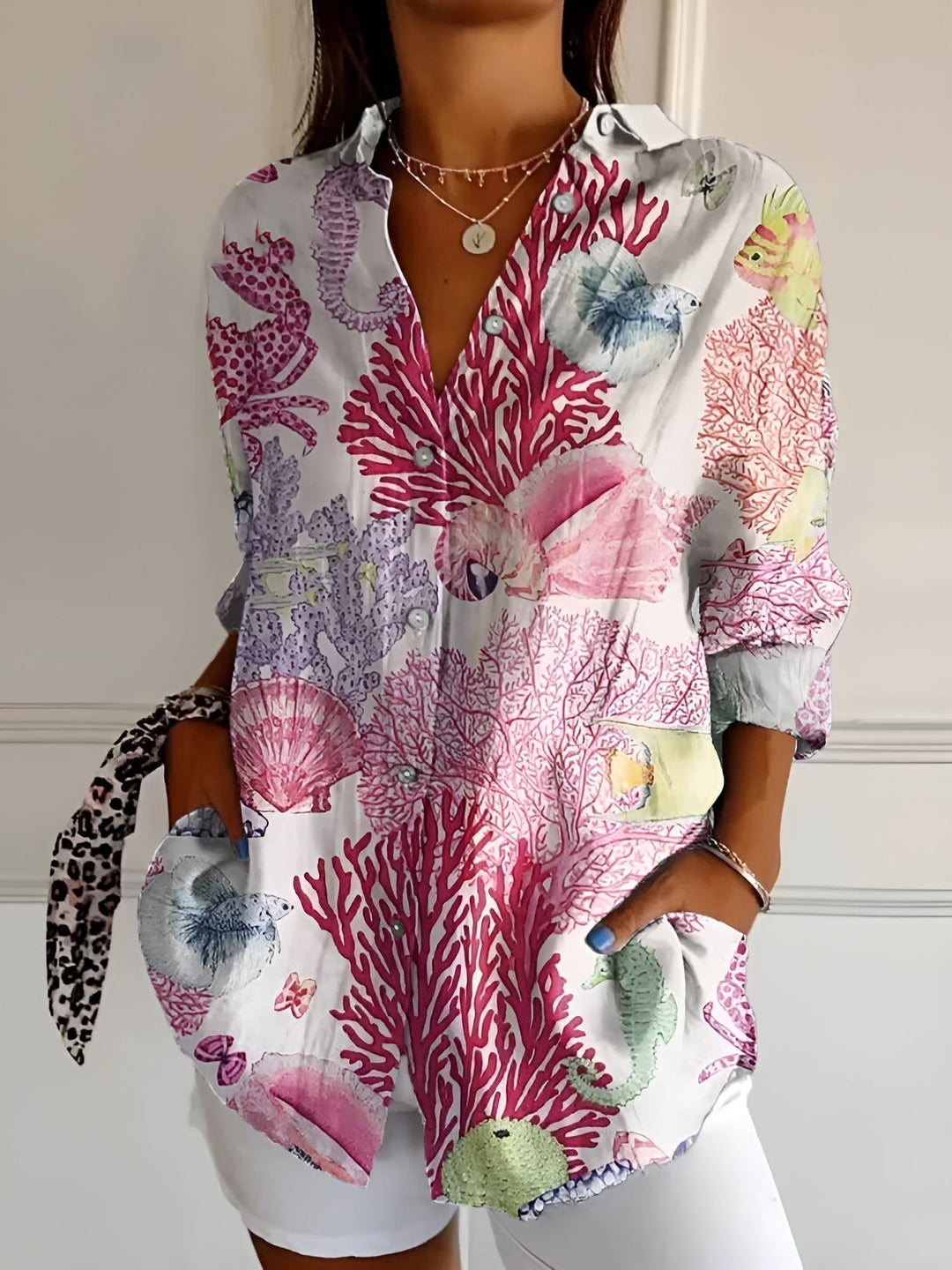 Maia | Cotton Blouse with Floral Wave Design